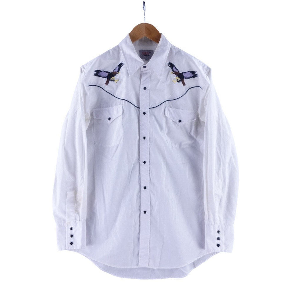 Ely Diamond Mens Size Medium White Western Pearl Snap Eagle Embroidered Shirt